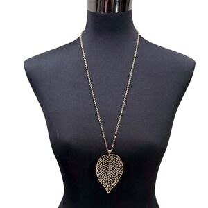 Gold Tone Long Leaf Pendant Necklace Statement Chain Fashion Jewelry 18 in L